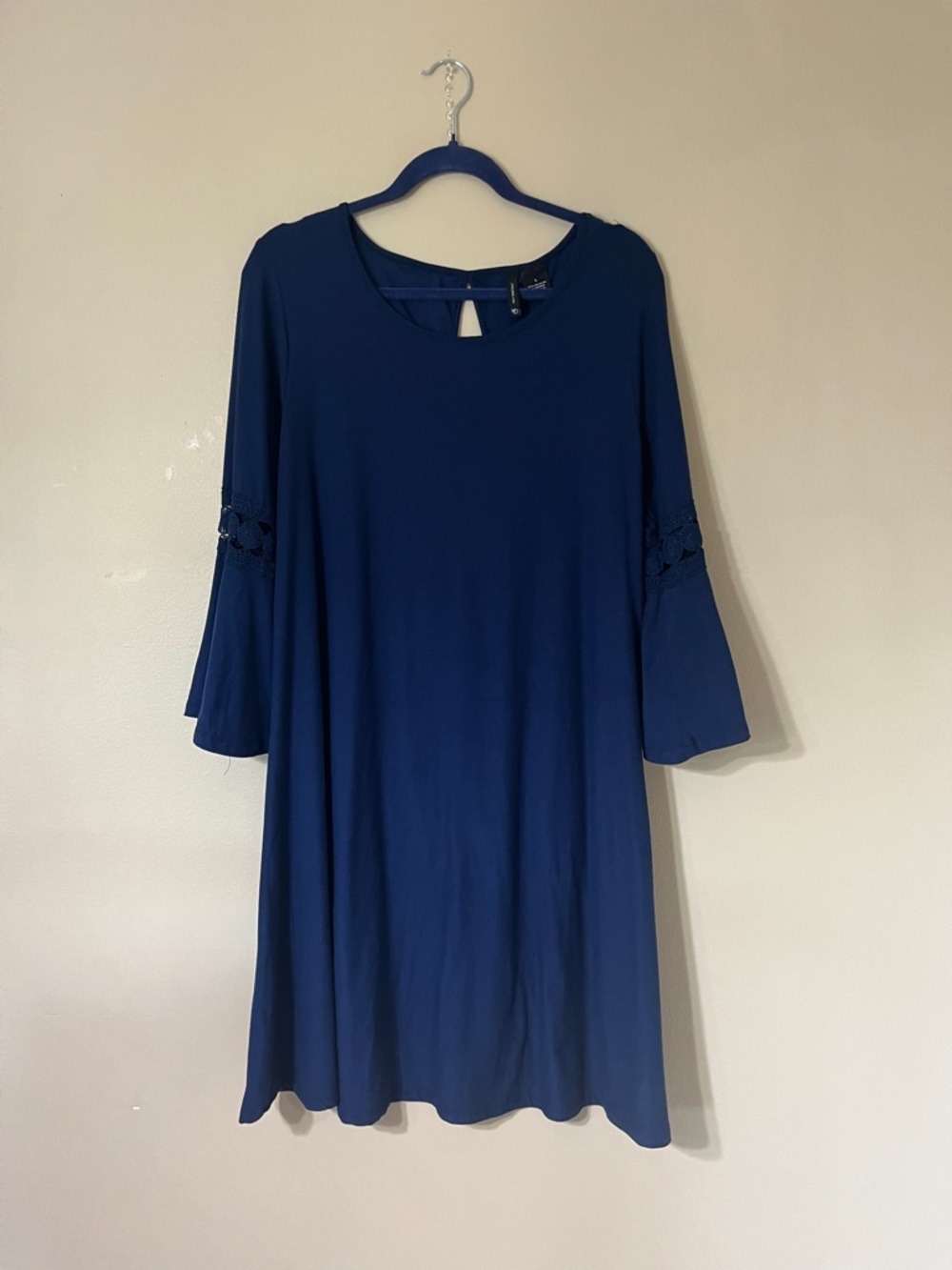 new directions Navy A-Line Dress with Crochet Bell Sleeves